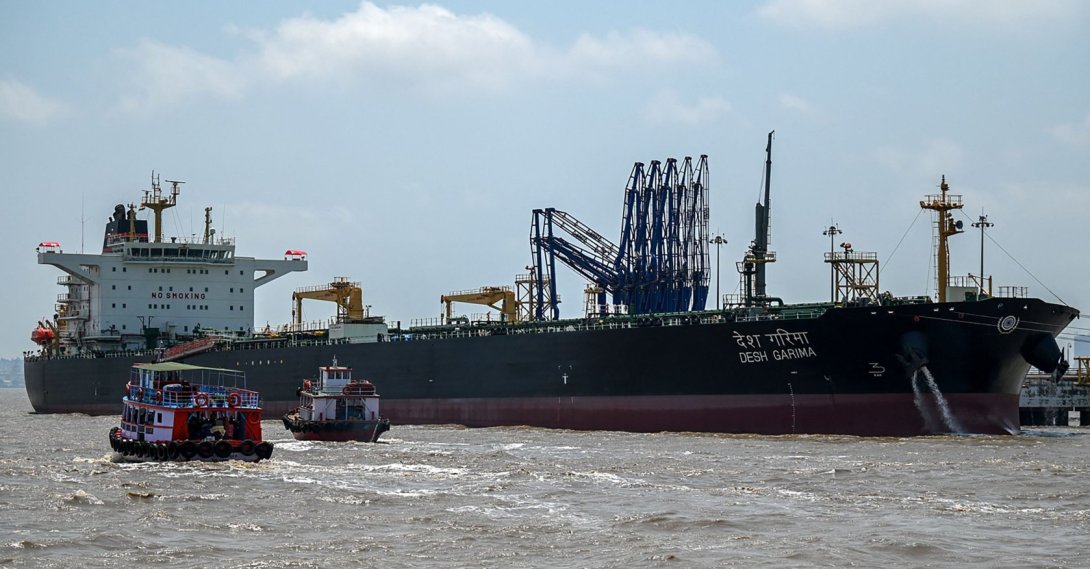 Desh Garima, an Indian-flagged tanker carrying crude oil that transited through the Strait of Hormuz, is seen docked at an offloading terminal along the coast in Mumbai, India, April 30, 2026. (AFP Photo)