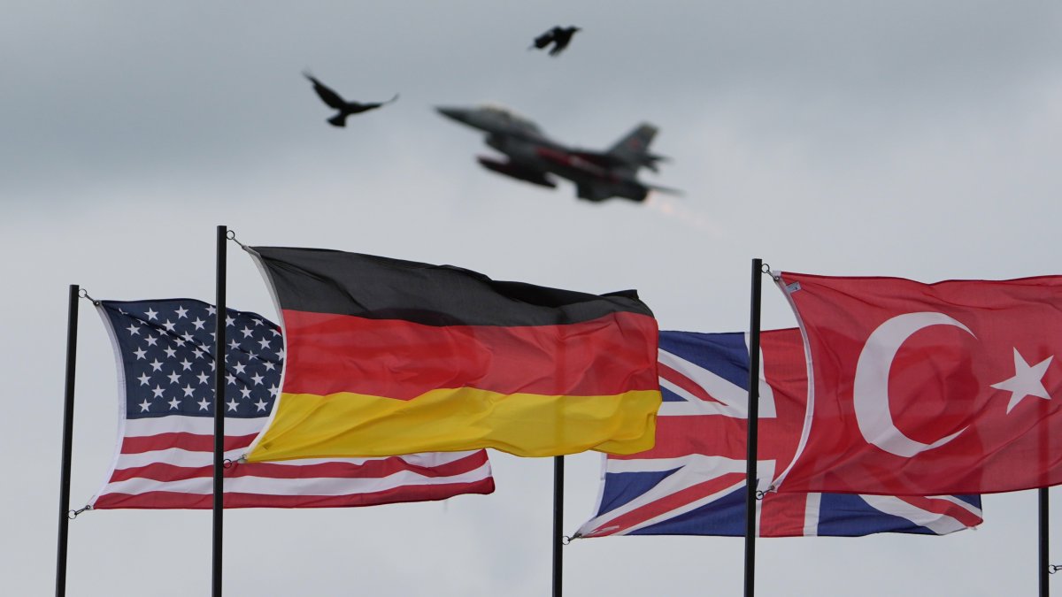 An F-16 fighter jet takes off during the NATO air force maneuver "Tiger Meet,” Schleswig-Holstein, Germany, June 11, 2024. (Getty Images Photo)