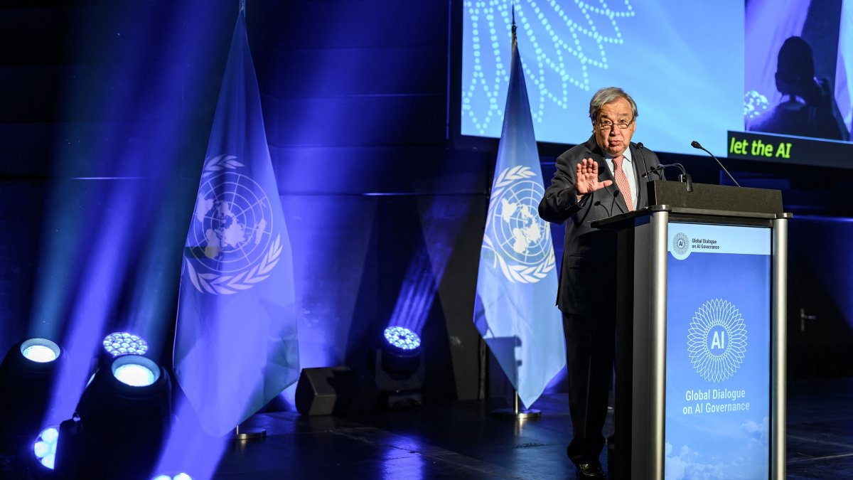 U.N. Secretary-General Antonio Guterres delivers the opening speech of the first Global Dialogue on AI Governance in Geneva, Switzerland, July 6, 2026. (AFP Photo)