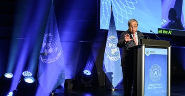 U.N. Secretary-General Antonio Guterres delivers the opening speech of the first Global Dialogue on AI Governance in Geneva, Switzerland, July 6, 2026. (AFP Photo)