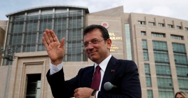 Former Istanbul Mayor Ekrem Imamoğlu greets his supporters after receiving the mayoral certificate, Çağlayan Courthouse, Istanbul, Türkiye, April 3, 2024. (Reuters Photo)