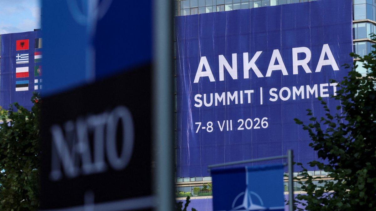 A banner hangs at the venue where the NATO leaders' summit is due to take place, Ankara, Türkiye, July 6, 2026. (Reuters Photo)