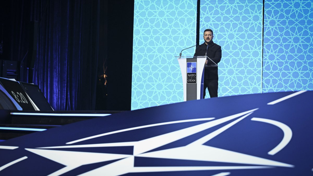 Ukrainian President Volodymyr Zelenskyy speaks at the NATO Defense Industry Forum in Ankara, Türkiye, July 7, 2026. (AA Photo)
