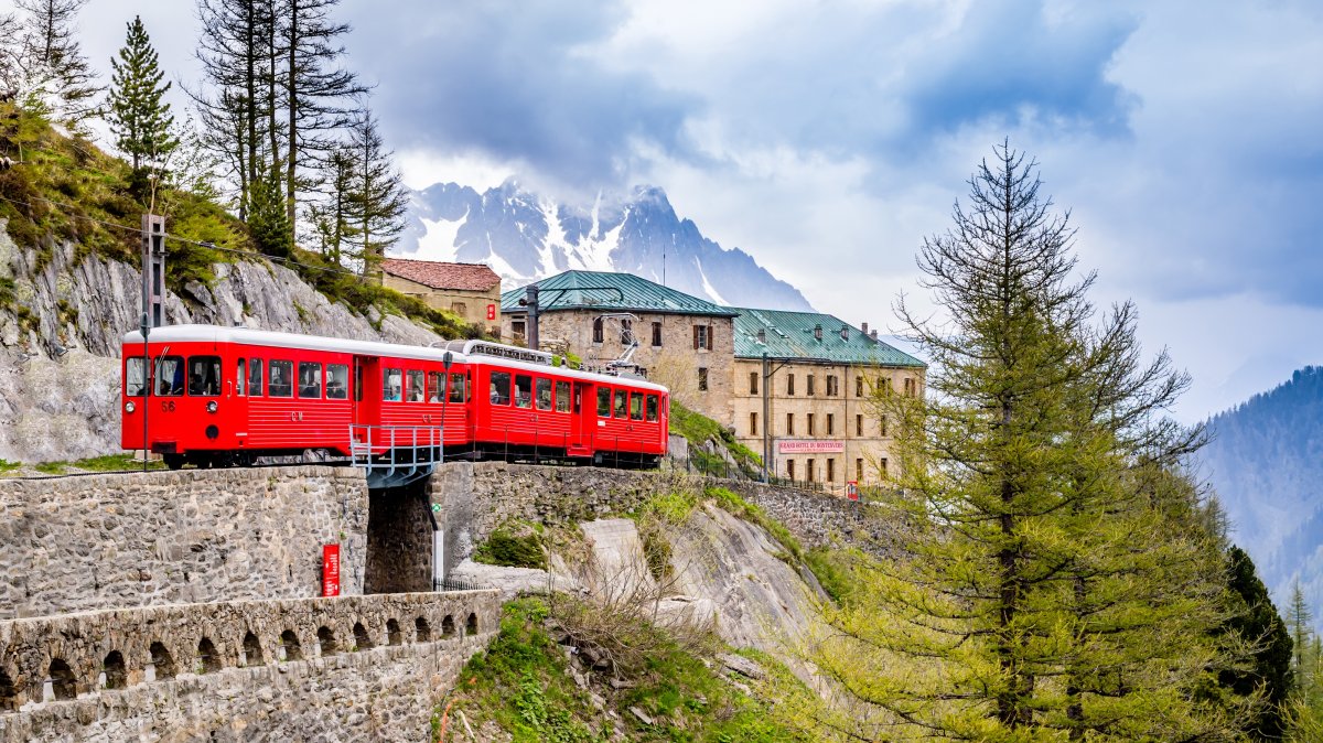 An aerial view of the red train going to Montenvers, Chamonix, France, June 7, 2014. (Shutterstock Photo)