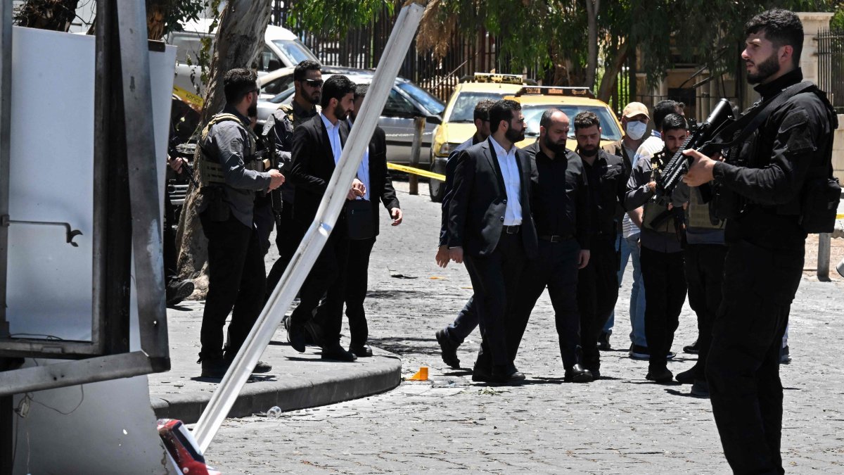 Syria's Interior Minister Anas Khattab (C) inspects an area near the Four Seasons Hotel following two blasts in Damascus, Syria, July 7, 2026. (AFP Photo)