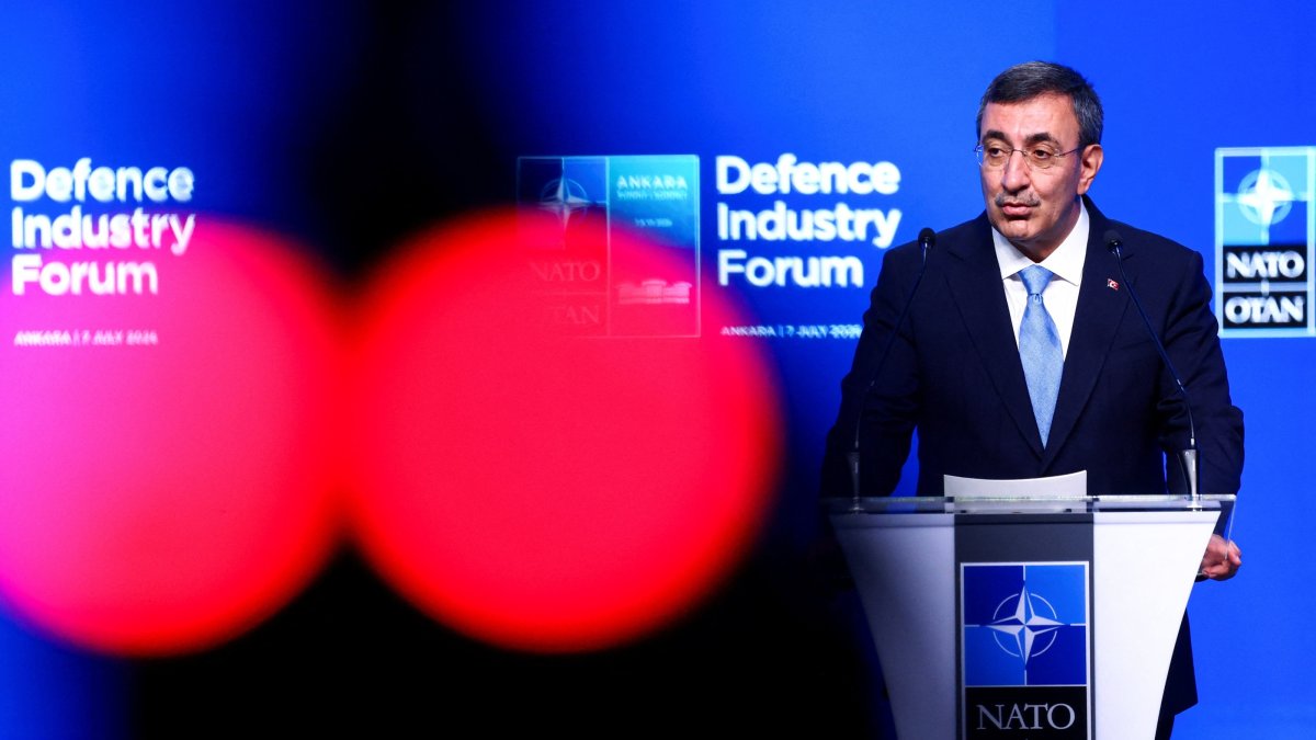 Vice President Cevdet Yılmaz delivers the keynote speech at the NATO Summit Defense Industry Forum, on the sidelines of the NATO leaders' summit, Ankara, Türkiye, July 7, 2026. (Reuters Photo)