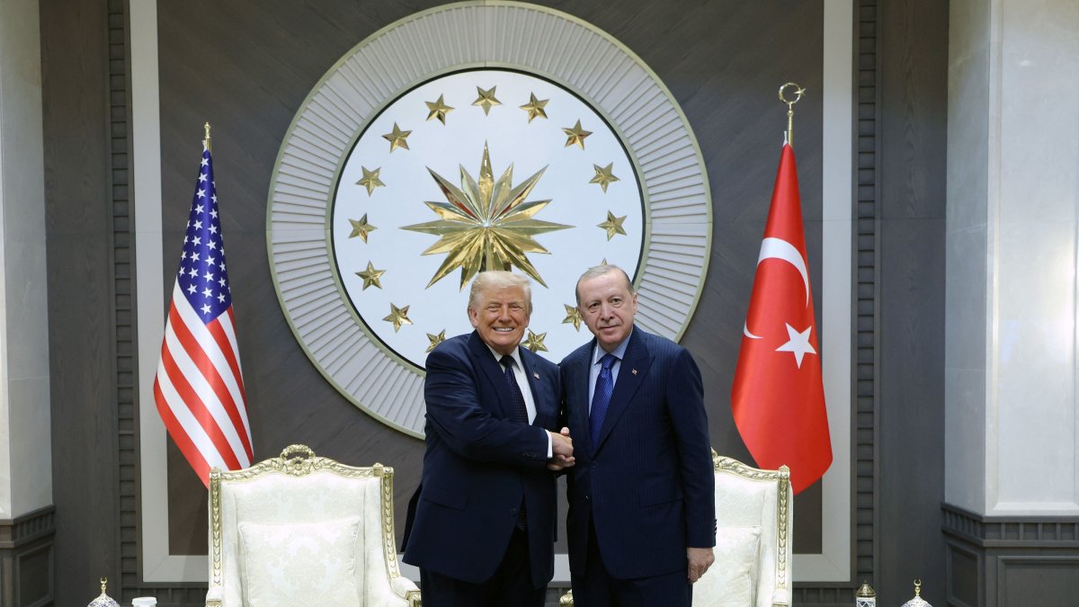 President Recep Tayyip Erdoğan (R) shaking hands with US President Donald Trump (L) during the NATO Summit at Beştepe Presidential Complex, Ankara, Türkiye, July 7, 2026. (AFP Photo)