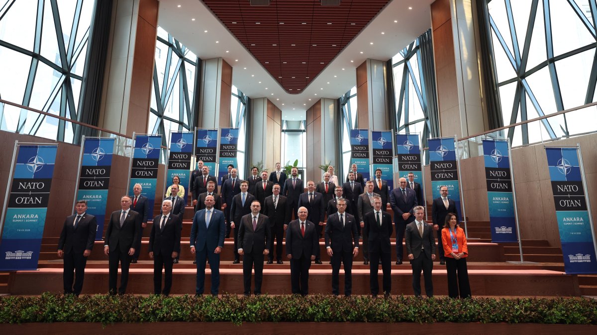 Turkish National Defense Minister Yaşar Güler (5th R) stands with fellow defense ministers during the 36th NATO Heads of State and Government Summit at the new Ay Yıldız Joint Headquarters, Ankara, Türkiye, July 7, 2026. (AA Photo)