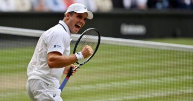 Arthur Fery reacts as he plays against Grigor Dimitrov during their men's singles round of 16 tennis match on the eighth day of the 2026 Wimbledon Championships, London, U.K., July 6, 2026. (AFP Photo)