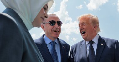 U.S. President Donald Trump is greeted by President Recep Tayyip Erdoğan as he arrives aboard Air Force One, Ankara, Türkiye, July 7, 2026. (Reuters Photo)