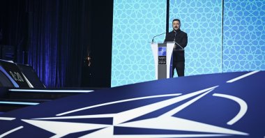 Ukrainian President Volodymyr Zelenskyy speaks at the NATO Defense Industry Forum in Ankara, Türkiye, July 7, 2026. (AA Photo)