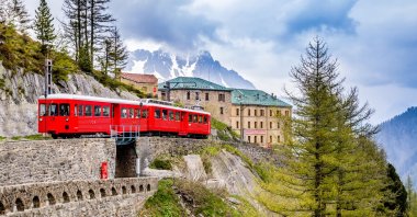An aerial view of the red train going to Montenvers, Chamonix, France, June 7, 2014. (Shutterstock Photo)