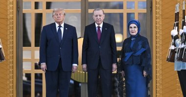 Türkiye's President Tayyip Erdoğan (C) and his wife, Emine Erdoğan (R), welcome U.S. President Donald Trump during a reception for heads of state and government attending the 36th NATO Heads of State and Government Summit at the Presidential Complex, Ankara, Türkiye, July 7, 2026. (AA Photo)