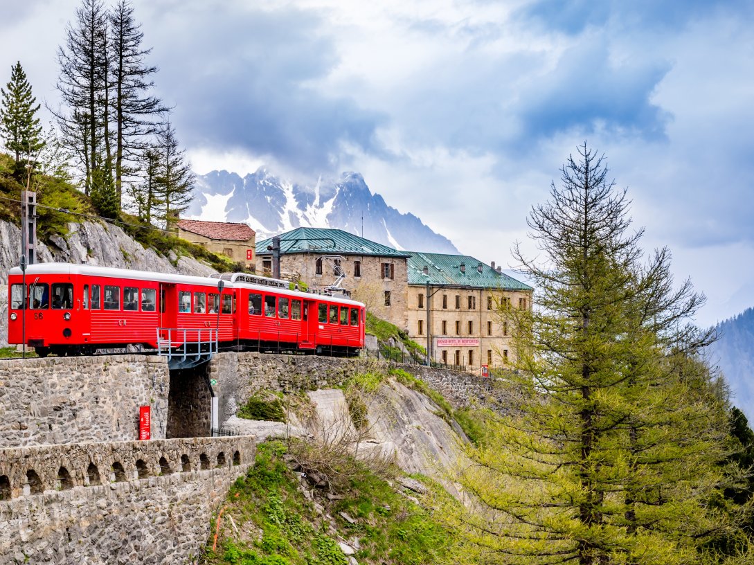 An aerial view of the red train going to Montenvers, Chamonix, France, June 7, 2014. (Shutterstock Photo)