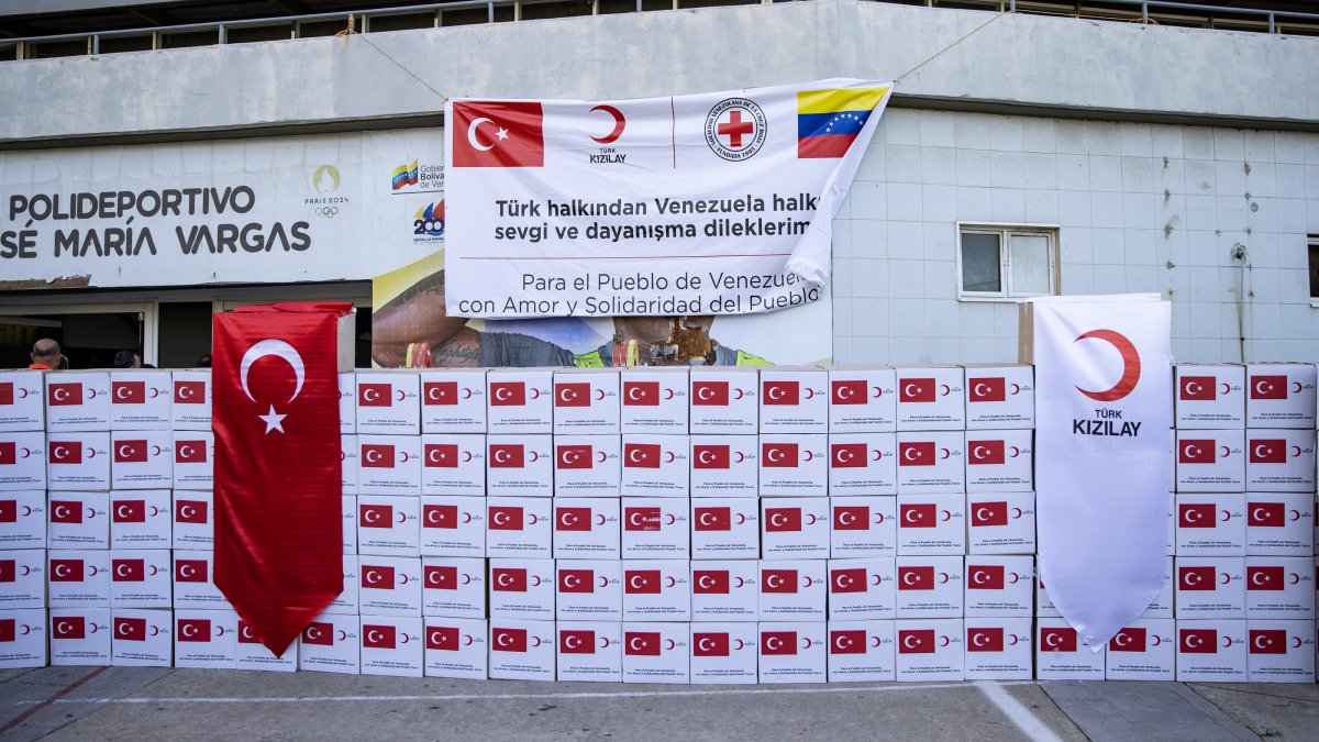 Hygiene kits provided by the Turkish Red Crescent (Kızılay) for earthquake survivors are seen at a tent camp in La Guaira, Venezuela, July 8, 2026. (AA Photo)