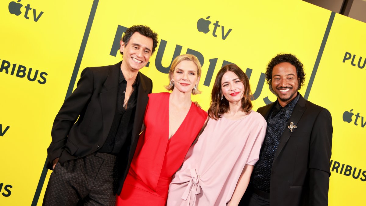 (L-R) Carlos-Manuel Vesga, Rhea Seehorn, Karolina Wydra, Samba Schutte attend Apple TV's "Pluribus" FYC event at Samuel Goldwyn Theater, California, U.S., May 31, 2026. (Getty Images Photo)