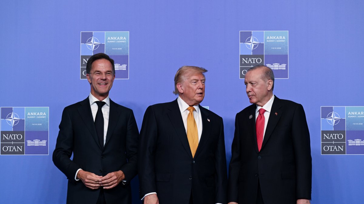 President Erdoğan pose with U.S. President Donald Trump (C) and NATO Secretary-General Mark Rutte (L) in Ankara, Türkiye, July 8, 2026. (AA Photo) 