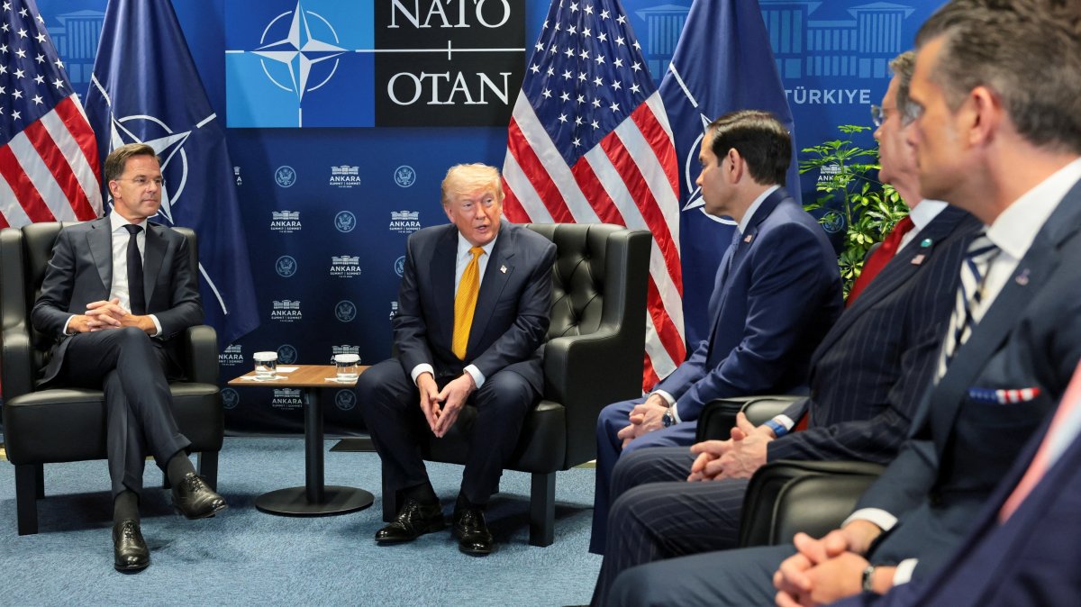 U.S. President Donald Trump and NATO Secretary-General Mark Rutte hold a bilateral meeting on the sidelines of the NATO leaders' summit, joined by U.S. Defense Secretary Pete Hegseth, Treasury Secretary Scott Bessent and Secretary of State Marco Rubio, Ankara, Türkiye, July 8, 2026. (Reuters Photo)