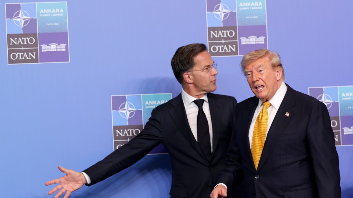 NATO Secretary General Mark Rutte (L) welcomes US President Donald Trump during the 2026 NATO Summit in Ankara, Türkiye, July 8, 2026. (EPA Photo) 