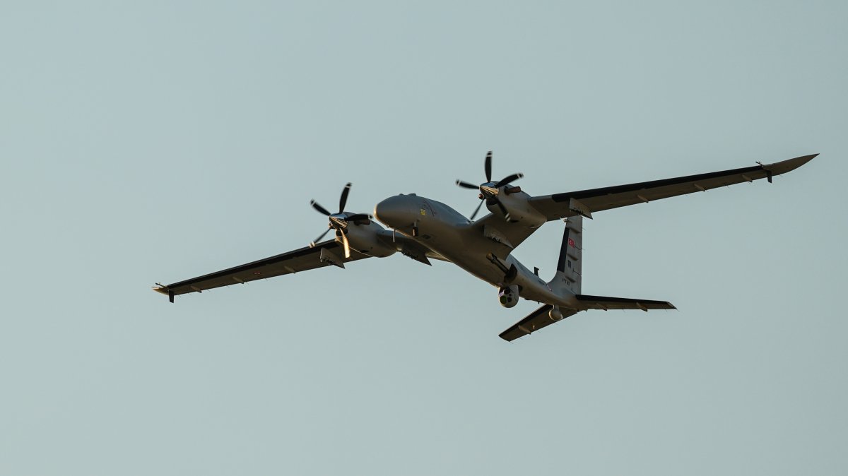 Baykar's combat drone Akıncı is seen during a demonstration flight on the sidelines of the NATO summit, Ankara, Türkiye, July 7, 2026. (AA Photo)
