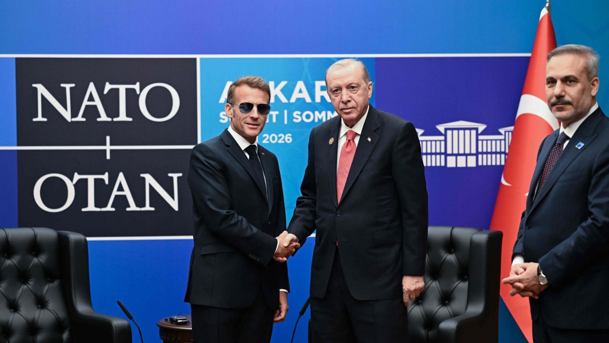 French President Emmanuel Macron meets with Turkish President Recep Tayyip Erdoğan in a bilateral meeting on the sidelines of the 36th NATO Summit, Ankara, Türkiye, July 8, 2026. (AFP Photo)