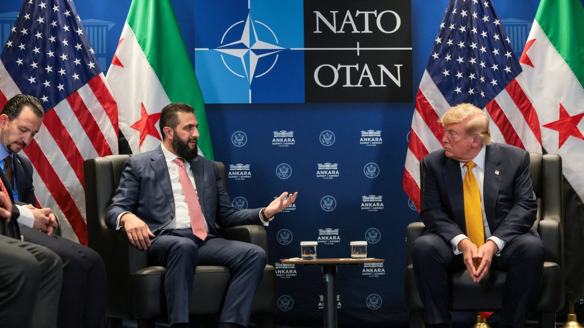 U.S. President Donald Trump holds a bilateral meeting with Syrian President Ahmed al-Sharaa alongside the NATO leaders summit at the Bestepe Presidential Compound in Ankara, Turkey, July 8, 2026. REUTERS/Jonathan Ernst