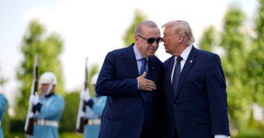 U.S. President Donald Trump speaks with President Recep Tayyip Erdoğan during a formal arrival at the Presidential Complex at the NATO summit,  Ankara, Türkiye, July 7, 2026. (Reuters Photo)