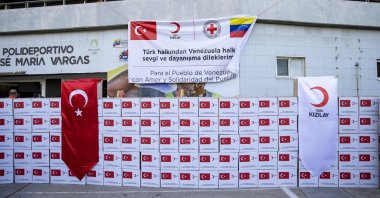 Hygiene kits provided by the Turkish Red Crescent (Kızılay) for earthquake survivors are seen at a tent camp in La Guaira, Venezuela, July 8, 2026. (AA Photo)