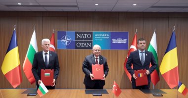Bulgarian Defense Minister Dimitar Stoyanov (L), Türkiye's Yaşar Güler (C) and Romania's Radu-Dinel Miruta pose after signing the memorandum, Ankara, Türkiye, July 8, 2026. (AA Photo)