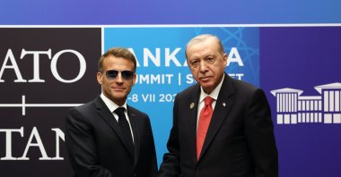 French President Emmanuel Macron shakes hands with President Recep Tayyip Erdoğan at the Presidential Complex, Ankara, Türkiye, July 8, 2026. (AA Photo)