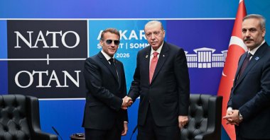French President Emmanuel Macron meets with Turkish President Recep Tayyip Erdoğan in a bilateral meeting on the sidelines of the 36th NATO Summit, Ankara, Türkiye, July 8, 2026. (AFP Photo)