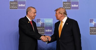President Recep Tayyip Erdoğan and U.S. President Donald Trump shake hands during the NATO summit in Ankara, Türkiye, July 8, 2025. (AA Photo)