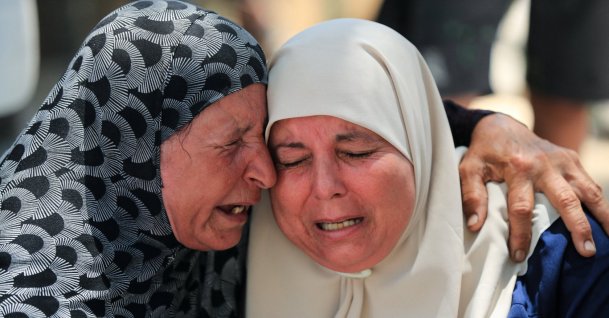Mourners participate in the funeral of Palestinian Imran Abu Jarad, who was killed in an Israeli strike on a tent at a camp sheltering displaced people, at Al Shifa Hospital, Gaza City, Palestine, July 7, 2026. (Reuters Photo)