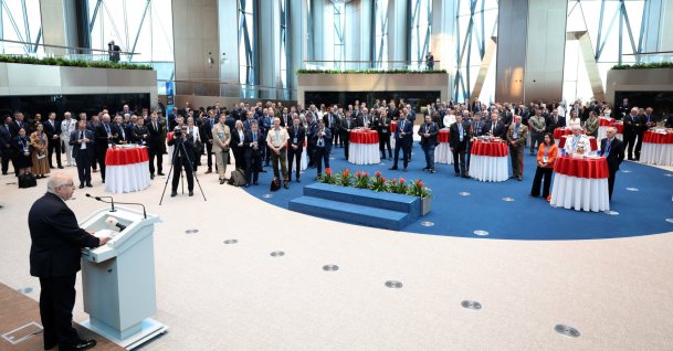 Defense Minister Yaşar Güler speaks at the reception at the "Star" section of the joint headquarters, Ankara, Türkiye, July 7, 2026. (AA Photo)