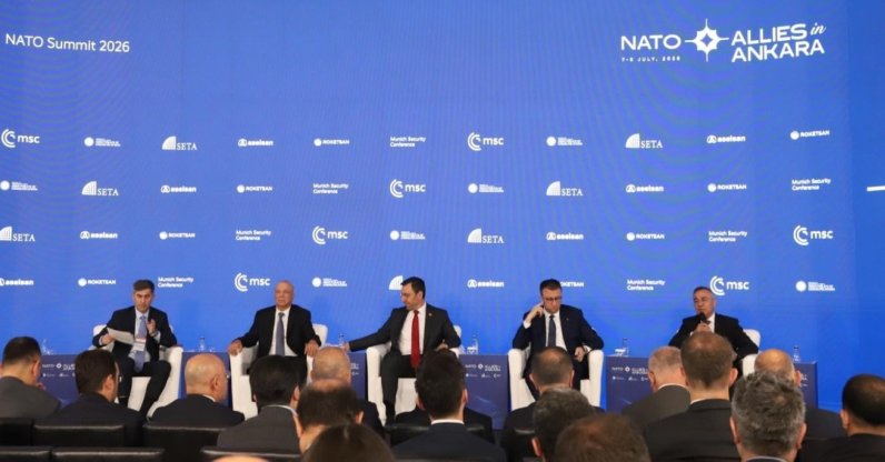 Panelists, including Roketsan CEO Murat Ikinci (C) and Aselsan CEO Ahmet Akyol (2-R), are seen during the panel titled "Inside the Architecture: Türkiye’s Defense Industry as a Structural Asset for NATO," Ankara, Türkiye, July 8, 2026. (Daily Sabah Photo)