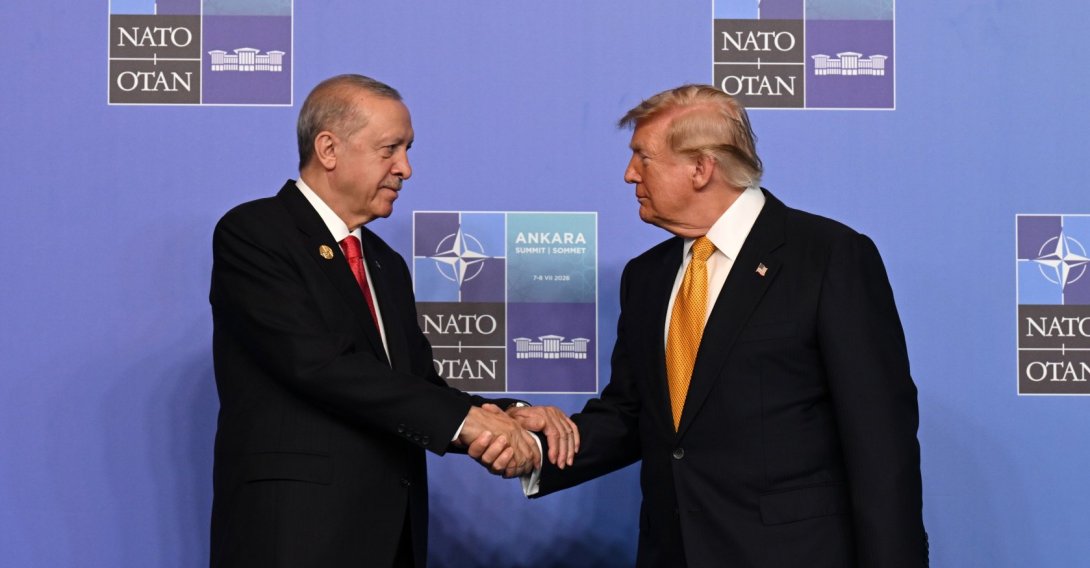 President Recep Tayyip Erdoğan and U.S. President Donald Trump shake hands during the NATO summit in Ankara, Türkiye, July 8, 2025. (AA Photo)