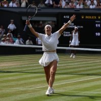 Czech Republic's Karolina Muchova celebrates winning against U.S. player Coco Gauff during their women's singles semifinal tennis match on the eleventh day of the 2026 Wimbledon Championships at The All England Lawn Tennis and Croquet Club in Wimbledon, southwest London, U.K., July 9, 2026. (AFP Photo)