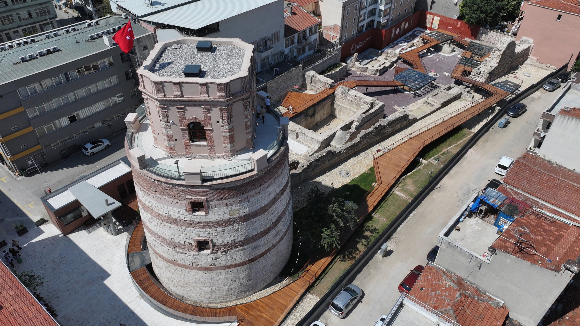 An aerial view of the Macedonian Tower after four years of restoration, Edirne, Türkiye, July 8, 2026. (AA Photo)