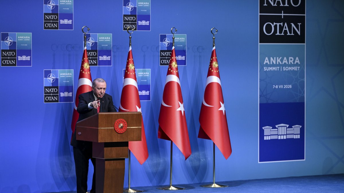 President Recep Tayyip Erdoğan holds a press conference as part of the 36th NATO Summit of Heads of State and Government at the Presidential Complex,  Ankara, Türkiye, July 8, 2026. (AA Photo)
