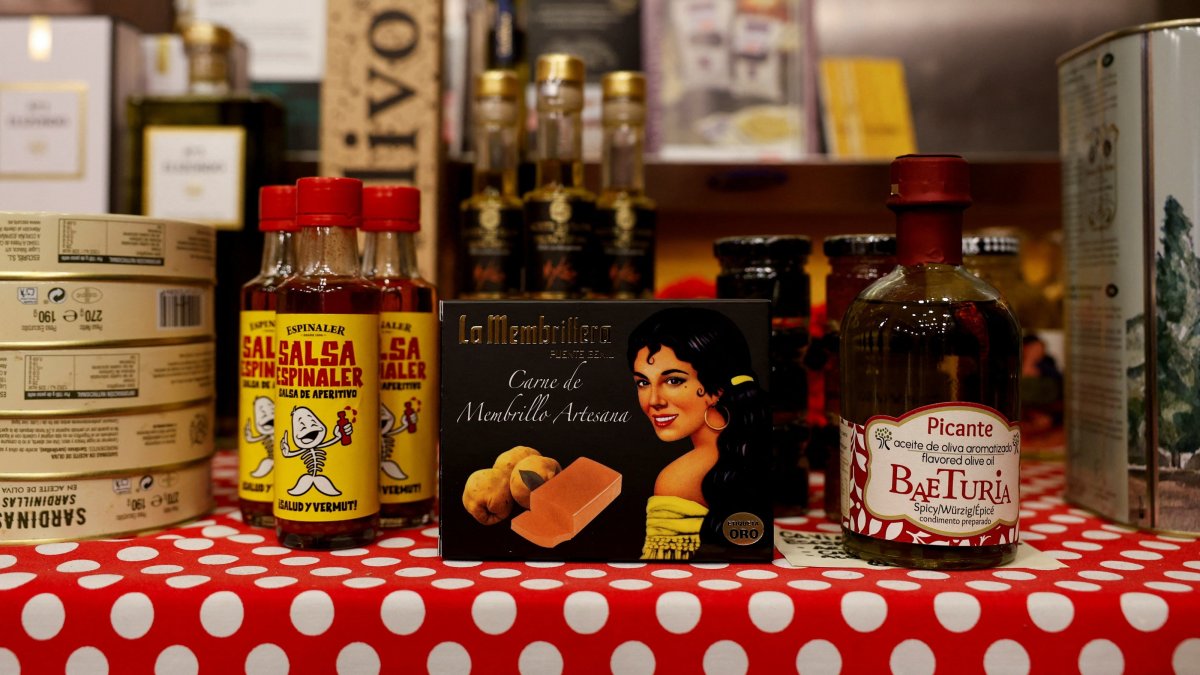 Products of Spanish origin are displayed at a specialty shop in Madrid, Spain, July 8, 2026. (Reuters Photo)