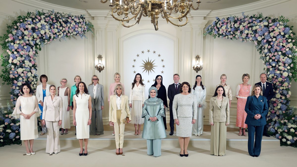 First ladies and spouses of heads of state and government pose for a family photo during the spouses' program held on the sidelines of the 2026 NATO summit, Ankara, Türkiye, July 8, 2026. (AA Photo)