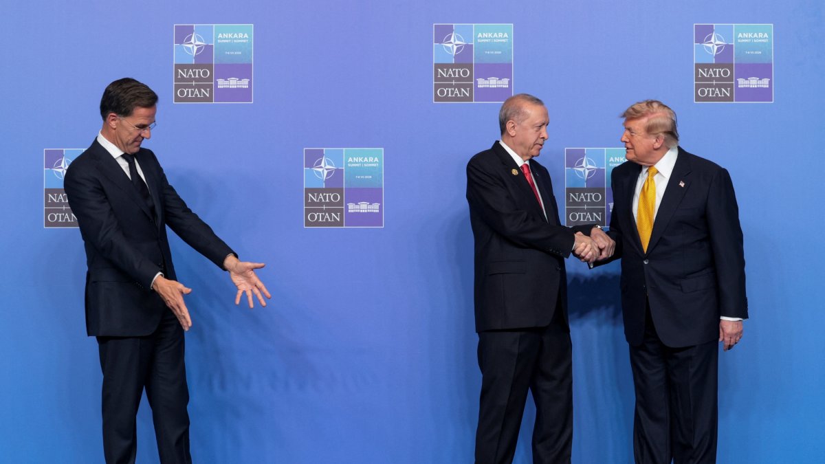 President Recep Tayyip Erdoğan and NATO Secretary-General Mark Rutte welcome U.S. President Donald Trump at a NATO leaders' summit, Ankara, Türkiye, July 8, 2026. (Reuters Photo)