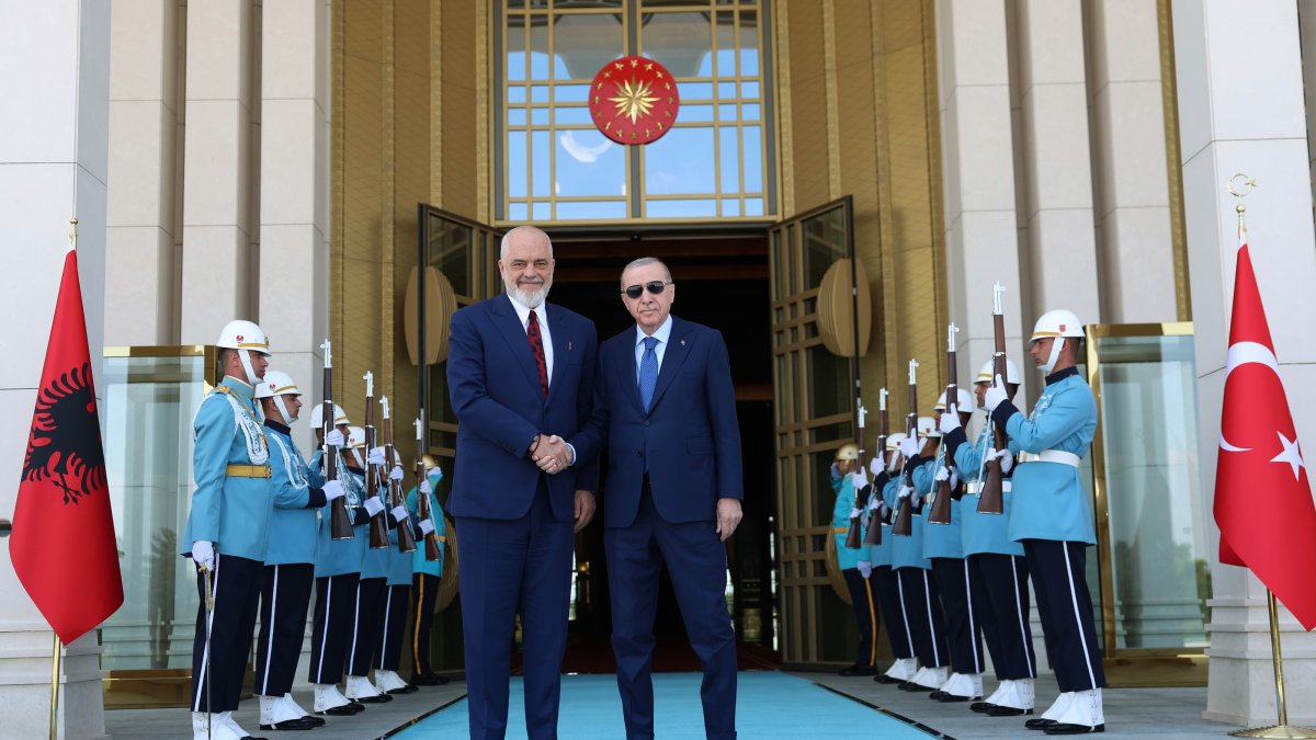 President Recep Tayyip Erdoğan welcomes Albanian Prime Minister Edi Rama at the Presidential Complex on the sidelines of the NATO summit, Ankara, Türkiye, July 9, 2026. (AA Photo)