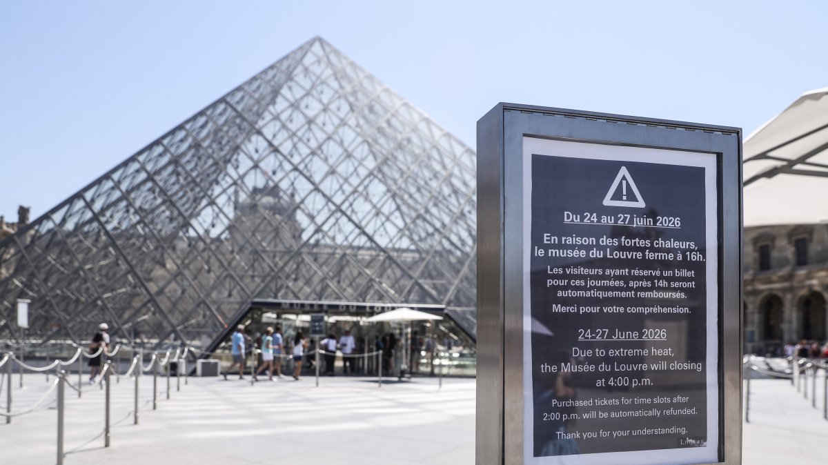 A sign announces the closure of the Louvre Museum in the afternoon on one of the hottest days on record, Paris, France, June 24, 2026. (EPA Photo)