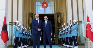 President Recep Tayyip Erdoğan welcomes Albanian Prime Minister Edi Rama at the Presidential Complex on the sidelines of the NATO summit, Ankara, Türkiye, July 9, 2026. (AA Photo)