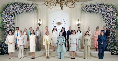 First ladies and spouses of heads of state and government pose for a family photo during the spouses' program held on the sidelines of the 2026 NATO summit, Ankara, Türkiye, July 8, 2026. (AA Photo)