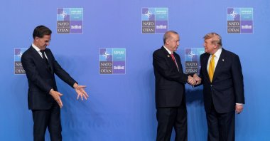 President Recep Tayyip Erdoğan and NATO Secretary-General Mark Rutte welcome U.S. President Donald Trump at a NATO leaders' summit, Ankara, Türkiye, July 8, 2026. (Reuters Photo)