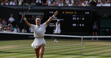 Czech Republic's Karolina Muchova celebrates winning against U.S. player Coco Gauff during their women's singles semifinal tennis match on the eleventh day of the 2026 Wimbledon Championships at The All England Lawn Tennis and Croquet Club in Wimbledon, southwest London, U.K., July 9, 2026. (AFP Photo)