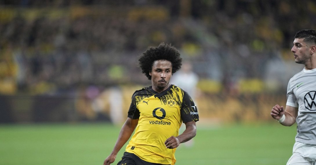 Dortmund's Karim Adeyemi runs during the German Bundesliga match against VfL Wolfsburg, Dortmund, Germany, Sept. 21, 2025. (AP Photo)