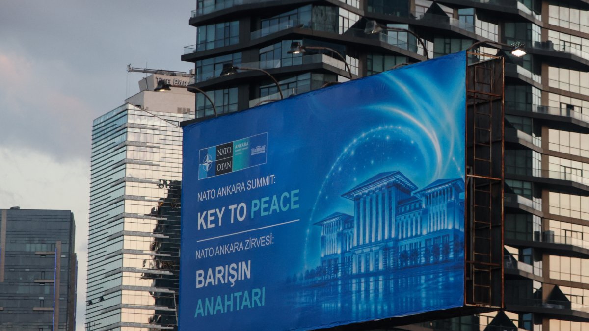 A NATO summit banner with the "The Key to Peace" motto is seen during the 2026 Ankara summit, Ankara, Türkiye, July 6, 2026. (Getty Images Photo)